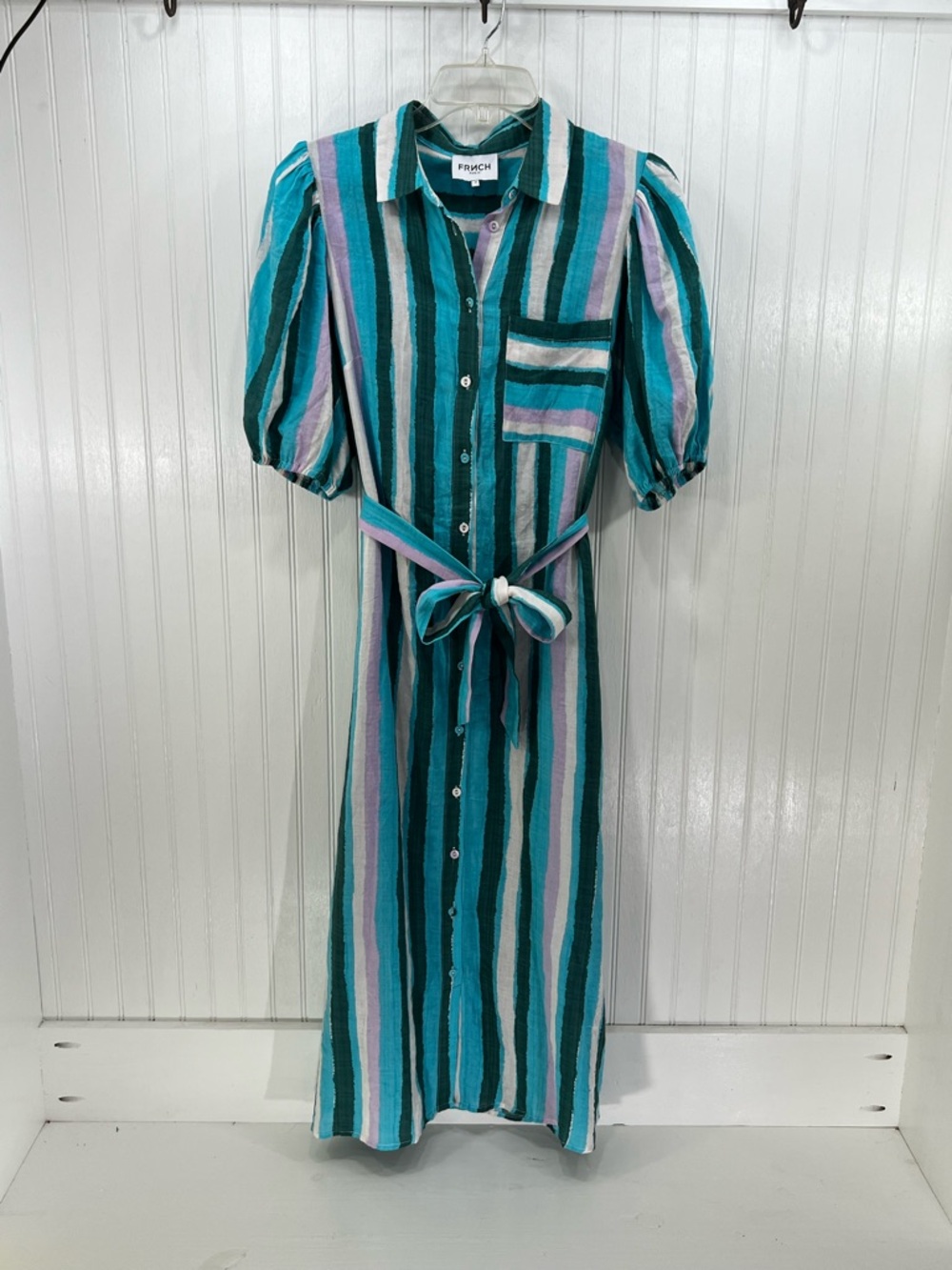 FRNCH Paris Striped Belted Maxi Midi Shirt Dress Puff Sleeve M